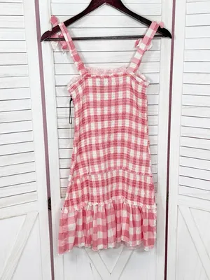 Sincerely Jules Gingham‎ Check Smocked Ruffle Mini Dress Red White Medium Preppy thumbnail 9