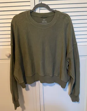 Aerie Green Cropped Ribbed Crewneck Sweater thumbnail 1