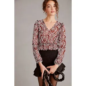 By‎ Anthropologie Jacquard Peasant Blouse Women's Blouse Wine M Ruffle Peplum thumbnail 3