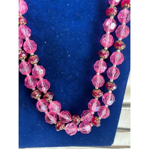 Vintage Pink Red Double Strand Acrylic Glass Bead Necklace Germany 22" MCM thumbnail 4