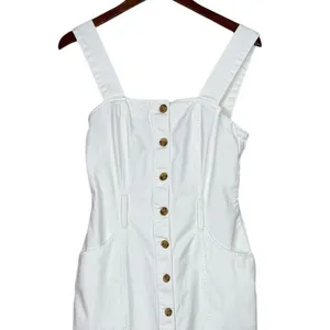 Zara Bodycon Overall Sleeveless Denim Midi Dress Raw Hem Button Down S White thumbnail 3