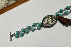 Rustic Style Turquoise Color Beads / Rhinestone / Brown Tassel NWT Bracelet thumbnail 5