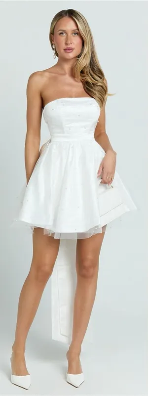 SHOWPO Cailene Strapless Bow Train Fit And Flare Mini Dress In Ivory thumbnail 1