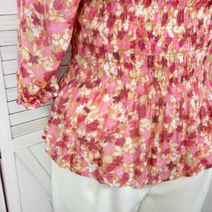 Nanette Lepore Cottagecore Floral Smocked Peplum‎ Puff Sleeve Blouse Pink Large thumbnail 6