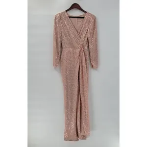 Sublime Sequined Gown S Pink Faux Wrap Long Puff Sleeve Tigh Slit Party Wedding thumbnail 12