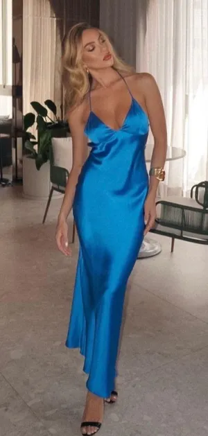 Zara maxi long satin slip blue strappy royal bodycon gown dress evening wedding thumbnail 7