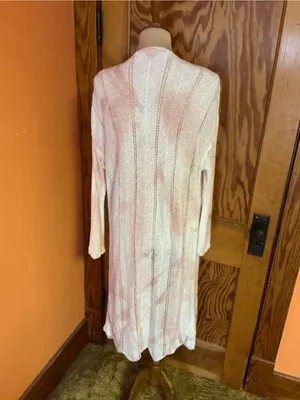 POL Long Open Front Duster Cardigan Large Pink Ivory Tie Dye Pointelle Knit Boho thumbnail 12