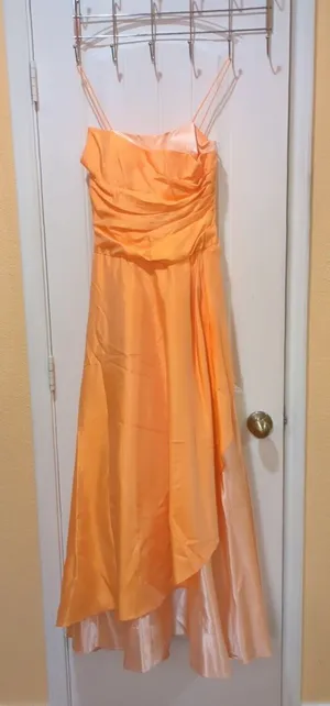 Betsy & Adam orange satin taffeta long bridesmaids evening dress 4 thumbnail 1
