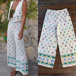 Maison d'Amélie Wide Leg Ankle Cropped Pants Floral Border Pockets Size M 💛🍄 thumbnail 11