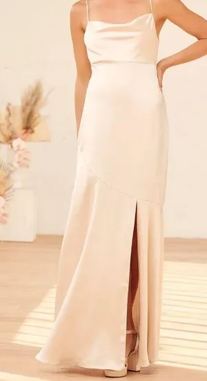 Moment in the Spotlight Champagne Satin Cowl Neck Maxi Dress size Medium new thumbnail 1