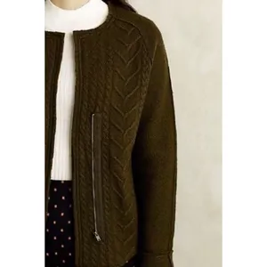 Anthropologie KNITTED & KNOTTED Green Wool Zippered Cable Knit Cardigan Medium‎ thumbnail 4
