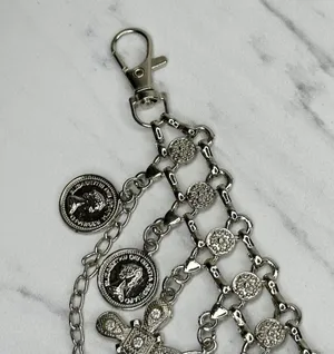 Rhinestone Cross and Coin Charm Silver Tone Metal Chain Link Belt OS One Size thumbnail 3