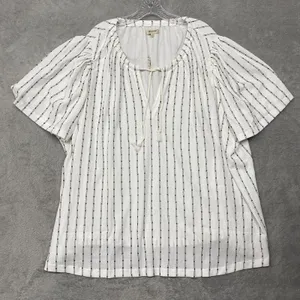 Madewell Shirt Womens 4X White Black Tie‎ Neck Short Sleeve Tunic Top NE476 thumbnail 3