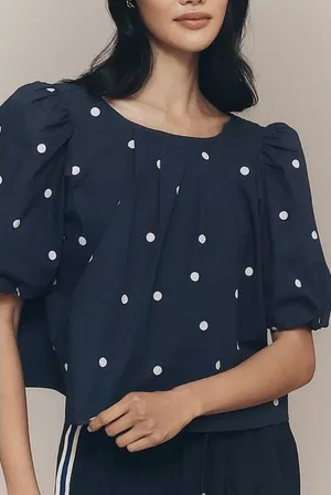 Anthropologie Maeve Puff-Sleeve Swing Blouse in Blue Dot Women’s Sz. S thumbnail 1