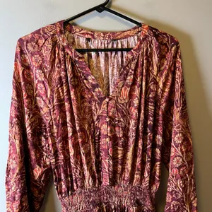 Peruvian Connection Adria Dress Burgundy‎ Gold Floral V Neck Raglan Sleeve Small thumbnail 2