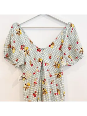 Altard State‎ Aldrin Dress Size L Sage Green Gingham Fruit Puff Mini Coquette thumbnail 9