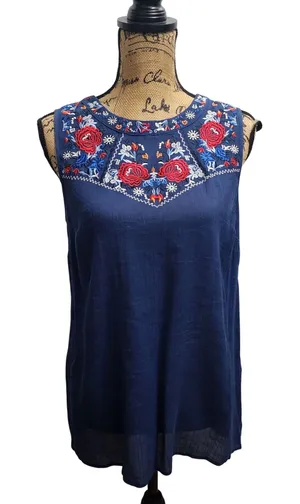 New Directions Women's Blue Embroidered Sleeveless Top Blouse Size‎ L thumbnail 1