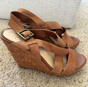 Jessica Simpson Women's Tan Wedge Sandals with Buckle Strap thumbnail 1