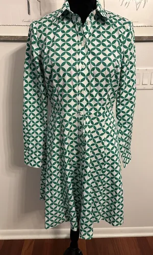 Boden Shirt Dress Long Sleeve Button Up Cotton Green/White Geometric Size 6R thumbnail 1
