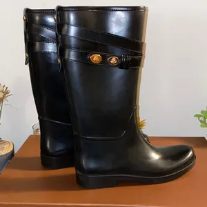 Coach Trisha Tall Rubber Rain Boots With Gold Buttons & Leather Size 9M thumbnail 1