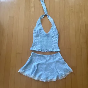 Princess Polly Over Here satin blue with lace trim halter top and skort set thumbnail 3