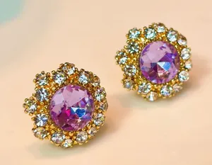 New S925 Silver Post Purple Round Crystal Sunflower Stud Earrings thumbnail 1