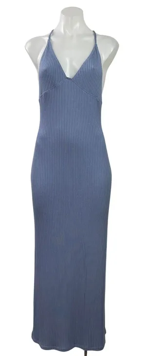 Reformation Brant Ribbed Knit Sleeveless V Neck Cross Back Bodycon Midi Dress M thumbnail 1