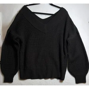 Zenana Black Waffle Knit V-Neck Balloon Sleeve Sweater TW-3418AB Medium thumbnail 3