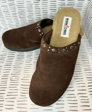 Minnetonka Womens Brown Suede Studded‎ Faux Fur Lined Clog Mules Size 9 Boho thumbnail 1