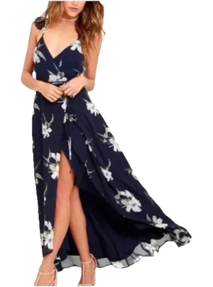 Lulus All Mine Navy Blue Floral Print High-Low‎ Wrap Dress SMALL thumbnail 1