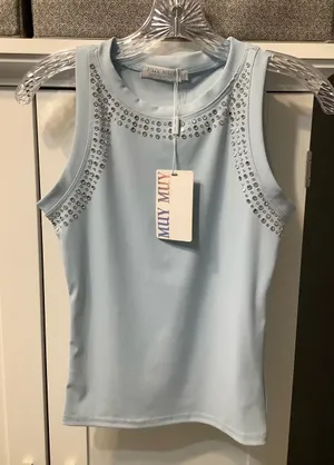 Muy Muy Fancy Light Ice Blue Embellished Sleeveless Tank Women’s Size M NWT thumbnail 1