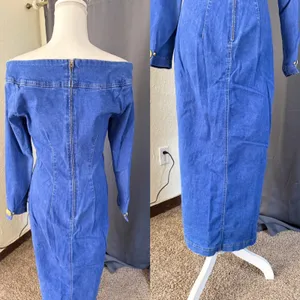 Tower western Denim Midi Dress Womens Medium Off Shoulder Gold Studded vintage thumbnail 5