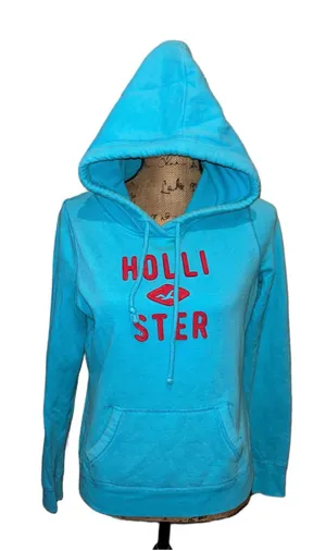 Y2K Women's Hollister Hoodie Sweatshirt Size M Blue Red Logo thumbnail 1