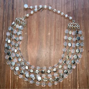 Silver Glass Beaded Statement Bib Necklace, Vintage Elegant Gift for Water Signs thumbnail 2