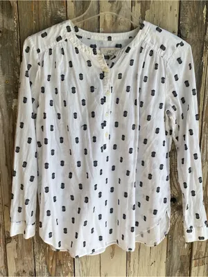 Loft white cotton lightweight mandarin collar tunic blouse black polka dot L thumbnail 1