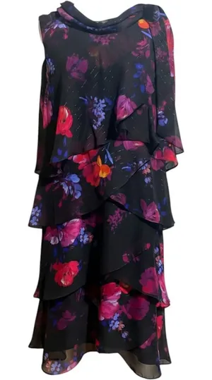 SLNY Tiered Chiffon Dress 16 Black Floral New Tie Cowl Neck Ruffle Shimmer thumbnail 1