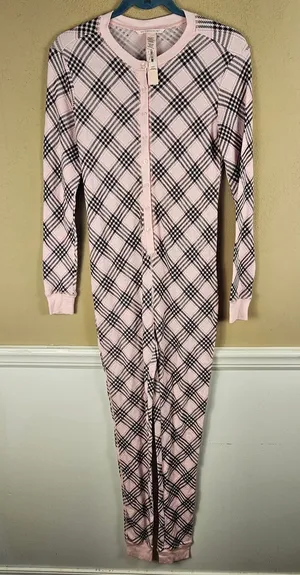 NWT Victoria's Secret Pink Black Plaid Thermal Long John Pajamas‎ Romper XS thumbnail 1