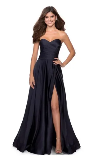 NWT La Femme 28608 Strapless Satin Gown Pleated‎ Bodice and Slit Navy Sz 6 $368 thumbnail 1