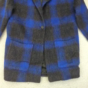 Armani Exchange AX Coat Women's XS Oversized Blue‎ Black Plaid Wool Blend Jacket thumbnail 4