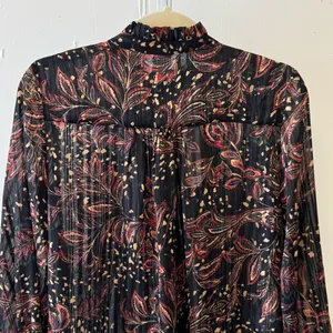 NWT Mango Floral Paisley Metallic Contemporary Ruffle‎ Sheer Blouse Blk Burgundy thumbnail 6