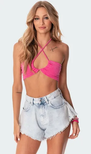 Edikted Pink Terry Cloth Crop Top thumbnail 1