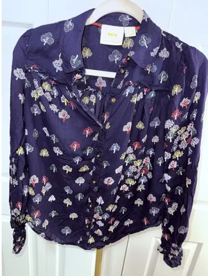 Anthropologie Maeve Fredericka Button Down Top Sz 2 Trees Navy thumbnail 1