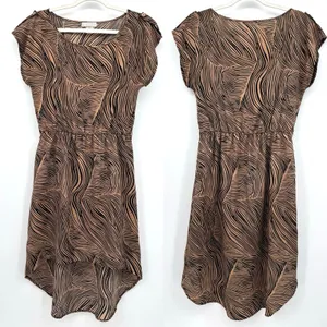 Vintage Toska Hi-Lo Dress Brown Black Leaf Print Summer Short Sleeve Casual Sz L thumbnail 2