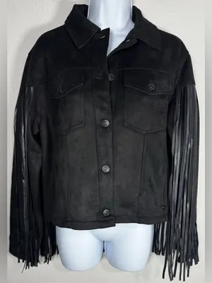 Juicy Couture Black Faux Suede Fringe Trucker Jacket Size Medium thumbnail 5
