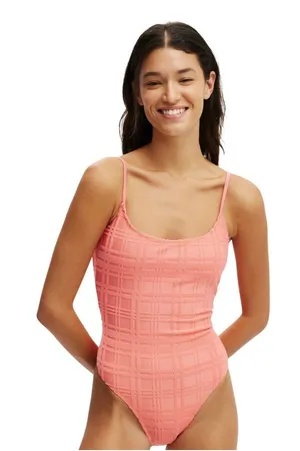 NWT Cotton On Thin-Strap Low-Scoop One Piece Swimsuit Pink Terry Jacquard M thumbnail 1