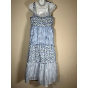 J.Crew Tiered Maxi Dress Blue Mixed Floral Stripe Coastal Cottagecore Boho Med thumbnail 5
