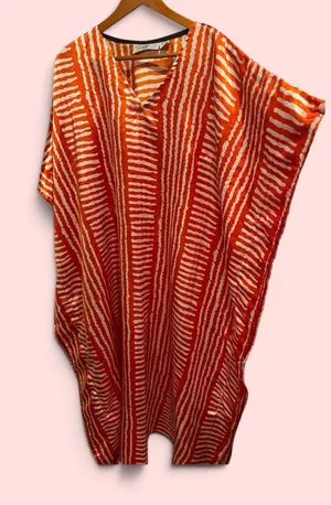 Cute silky orange white contrast tropical stripe kaftan beach pool lounge dress thumbnail 1