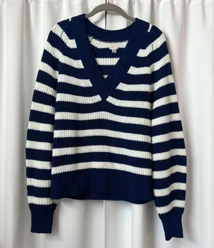 A New Day Blue & White Striped V-neck Knitted Nautical Baggy Sweater thumbnail 3