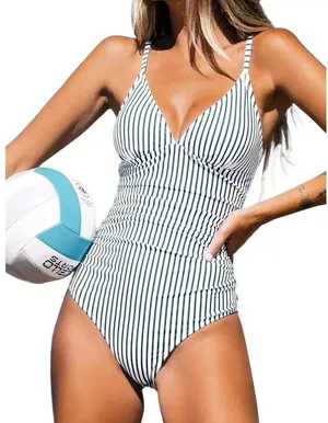 NWT Cupshe Blue Striped Print‎ Tummy Control One Piece Swimsuit - Size Medium thumbnail 1