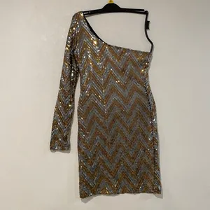 Lovers + Friends Size S Sequin One Shoulder Mini Dress Gold Silver Party thumbnail 2